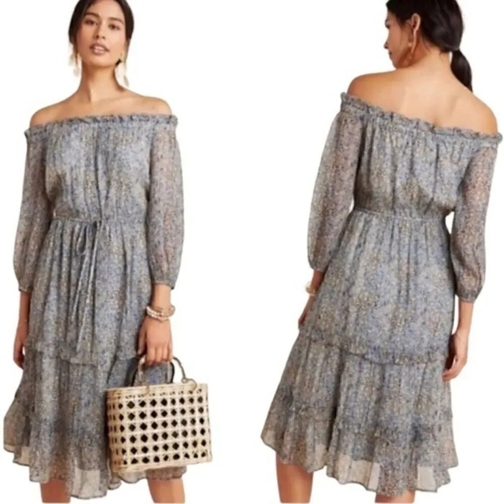 Anthropologie Blue Floral Kira Smocked Off The Shoulder Boho Peasant Dress